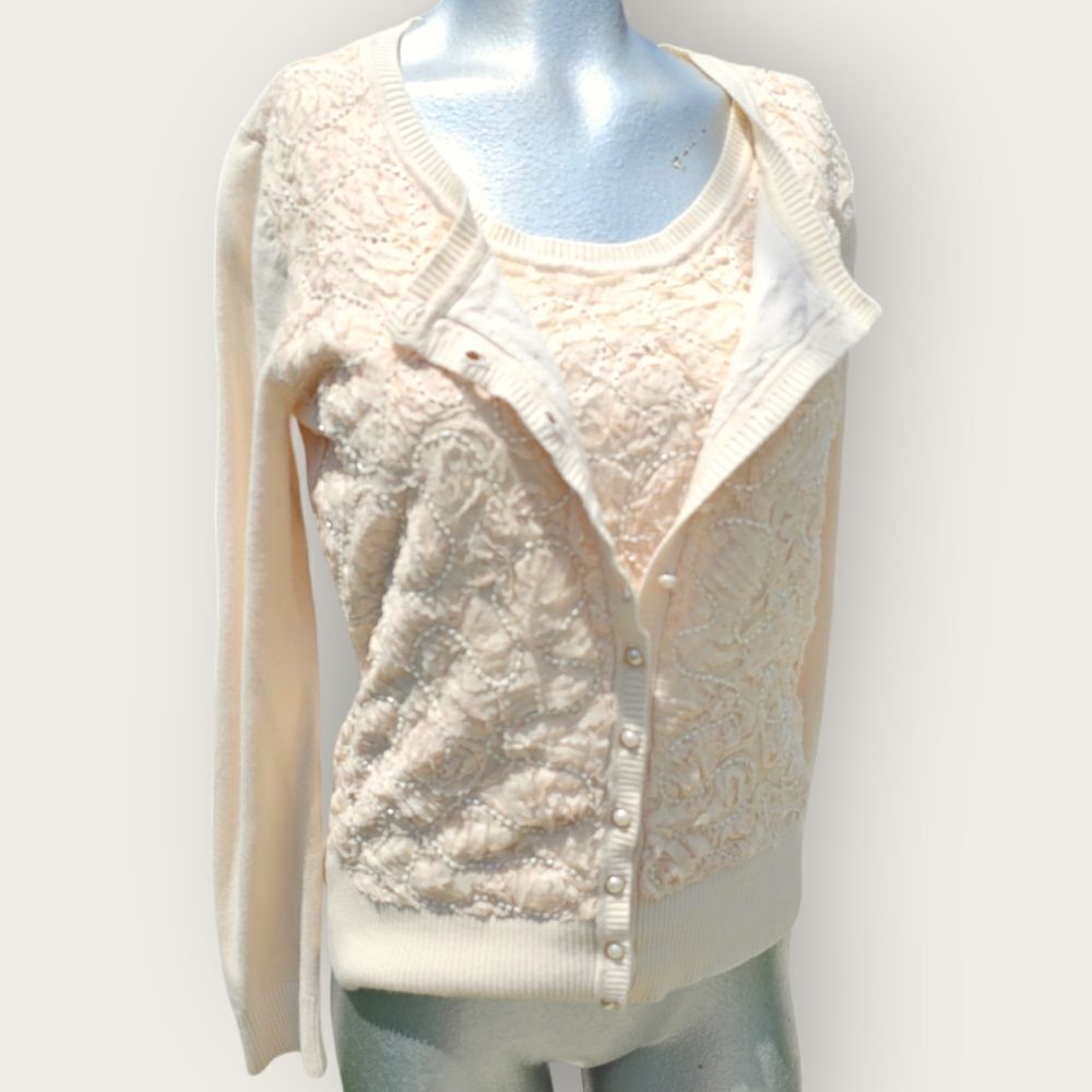 ✨ Leo Guy Preppy Cardigan & Tank Set – Creamy Ivory/Beige, Size 2 🧶✨👕